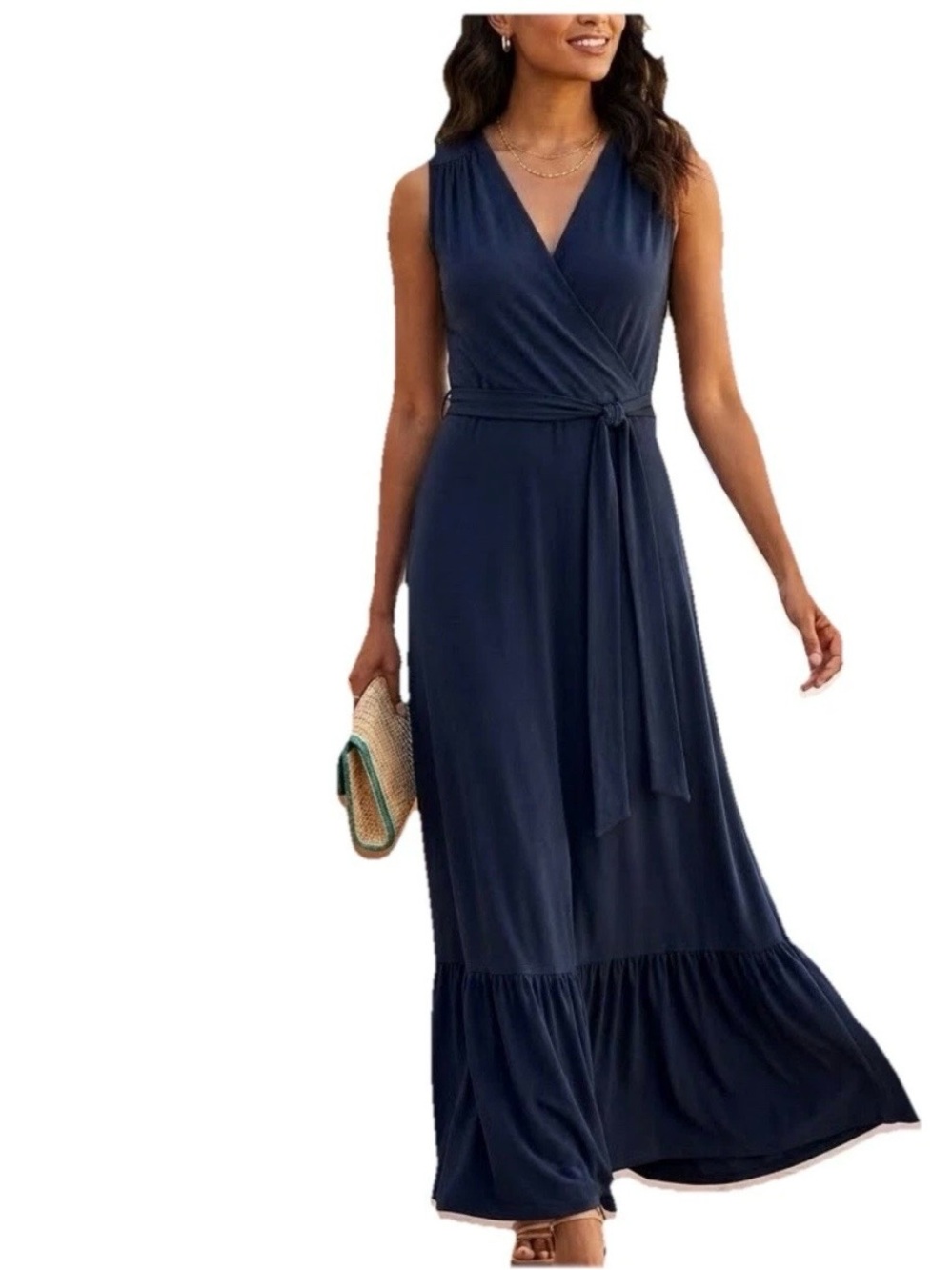 INC Womens Blue Navy Sleeveless V Neck Maxi Fit + Flare Dress Size L NWT